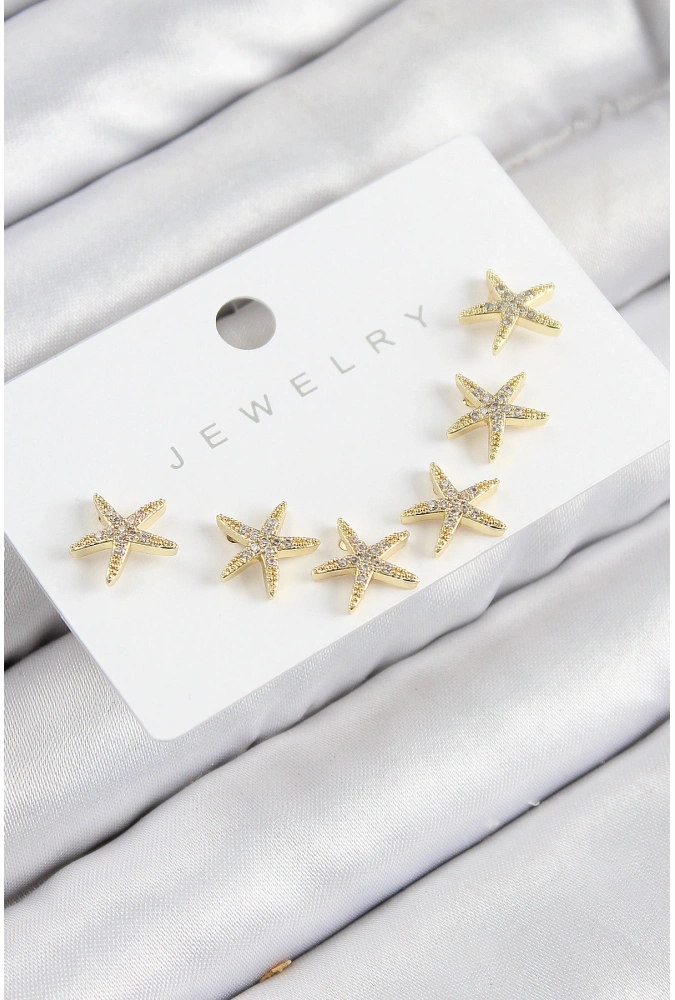 Shoecide Pirinç Zirkon Taşlı Deniz Yıldızı Model Gold Renk 925 Ayar Gümüş Çivi Kadın Küpe Set