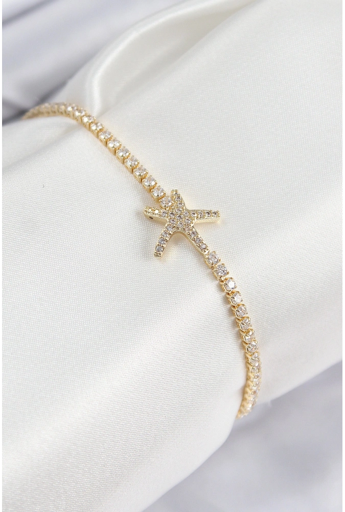 Shoecide Pirinç Zirkon Taşlı Deniz Yıldızı Model Gold Renk Kadın Bileklik