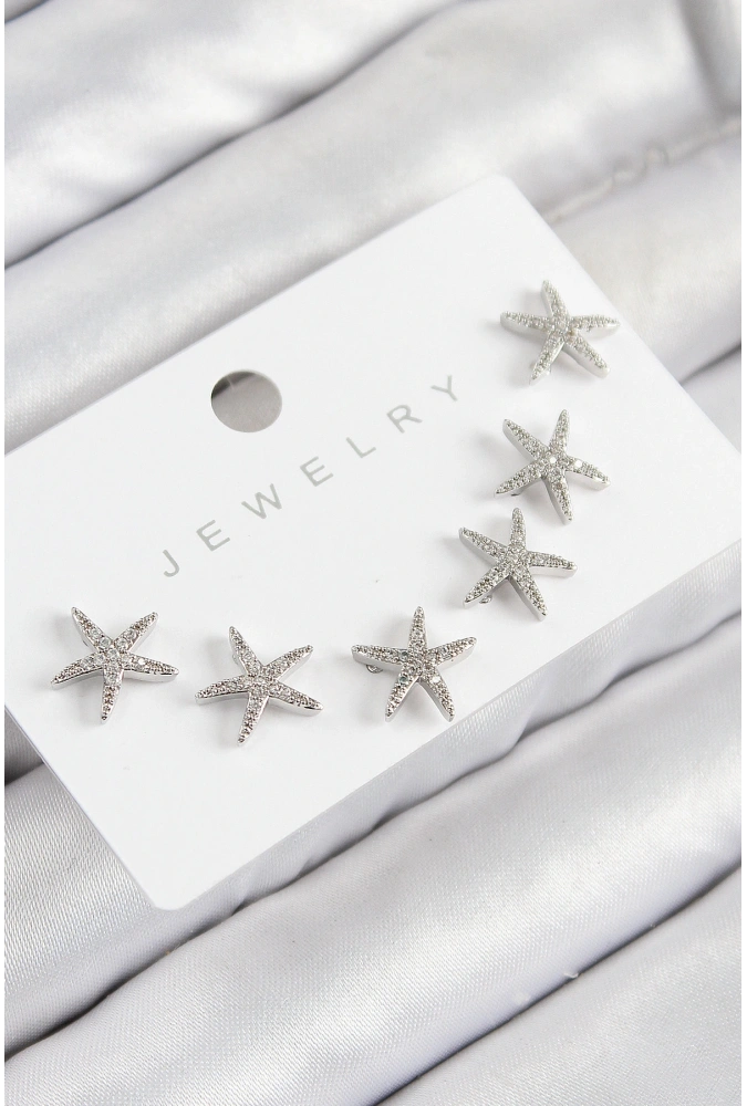 Shoecide Pirinç Zirkon Taşlı Deniz Yıldızı Model Gümüş Renk 925 Ayar Gümüş Çivi Kadın Küpe Set