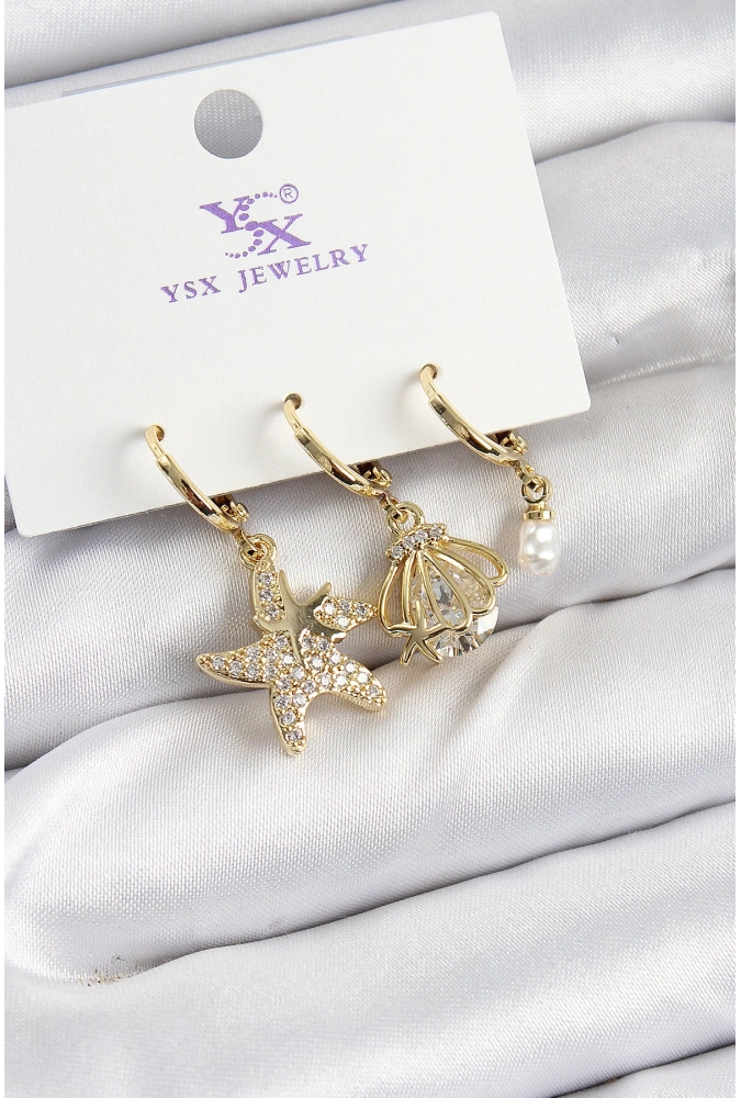 Shoecide Pirinç Zirkon Taşlı Deniz Yıldızı Ve İstiridye Model Gold Renk 3lü Kadın Küpe