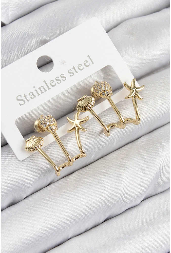 Shoecide Pirinç Zirkon Taşlı Deniz Yıldızı Ve İstiridye Model Gold Renk Kadın Küpe