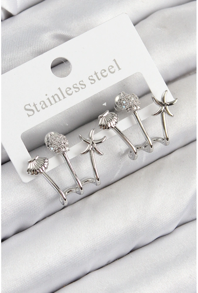 Shoecide Pirinç Zirkon Taşlı Deniz Yıldızı Ve İstiridye Model Gümüş Renk Kadın Küpe