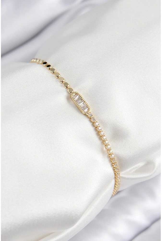 Shoecide Pirinç Zirkon Taşlı Dikdörtgen Model Ezme Zincir Gold Renk Kadın Bileklik