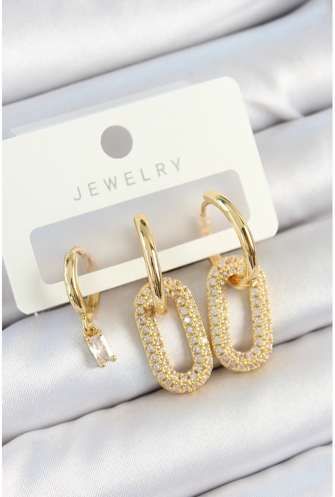 Shoecide Pirinç Zirkon Taşlı Dikdörtgen Model Gold Renk 3lü Çift Kadın Küpe Set