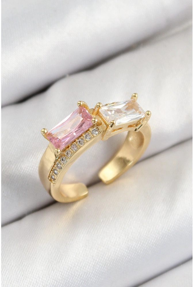 Shoecide Pirinç Zirkon Taşlı Dikdörtgen Model Gold Renk Kadın Yüzük