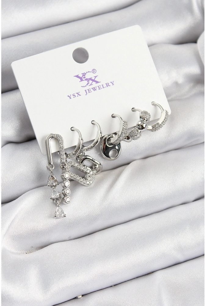 Shoecide Pirinç Zirkon Taşlı Dikdörtgen Model Gümüş Renk 3lü Çift Kadın Küpe