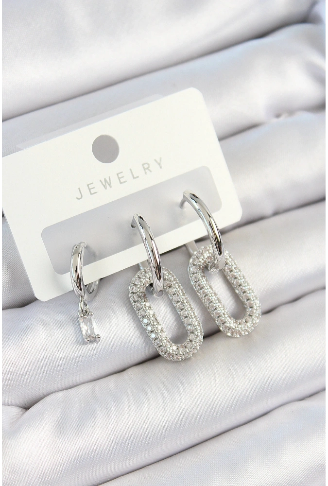 Shoecide Pirinç Zirkon Taşlı Dikdörtgen Model Gümüş Renk 3lü Çift Kadın Küpe Set