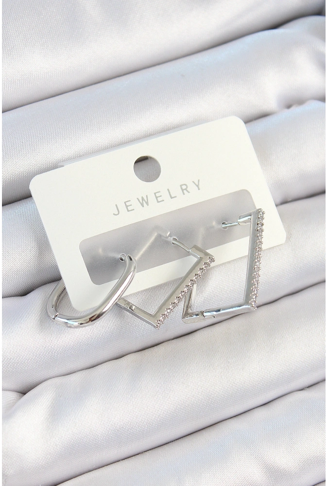 Shoecide Pirinç Zirkon Taşlı Dikdörtgen Model Gümüş Renk 3lü Çift Kadın Küpe Set