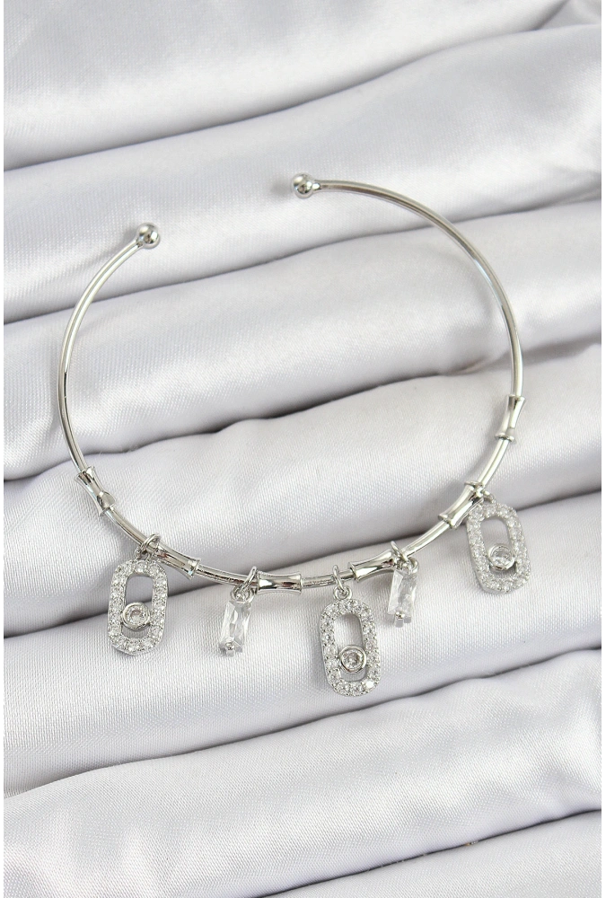 Shoecide Pirinç Zirkon Taşlı Dikdörtgen Model Gümüş Renk Charm Bileklik