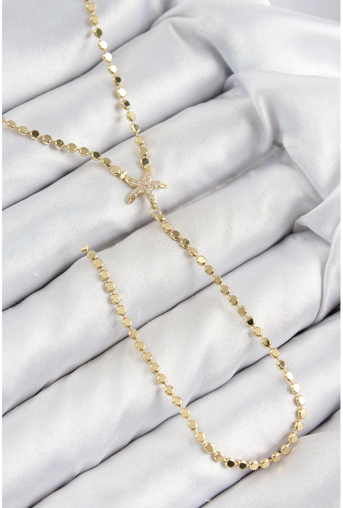 Shoecide Pirinç Zirkon Taşlı Ezme Zincirli Deniz Yıldızı Model Gold Renk Y Kolye