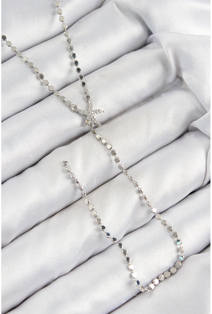 Shoecide Pirinç Zirkon Taşlı Ezme Zincirli Deniz Yıldızı Model Gümüş Renk Y Kolye