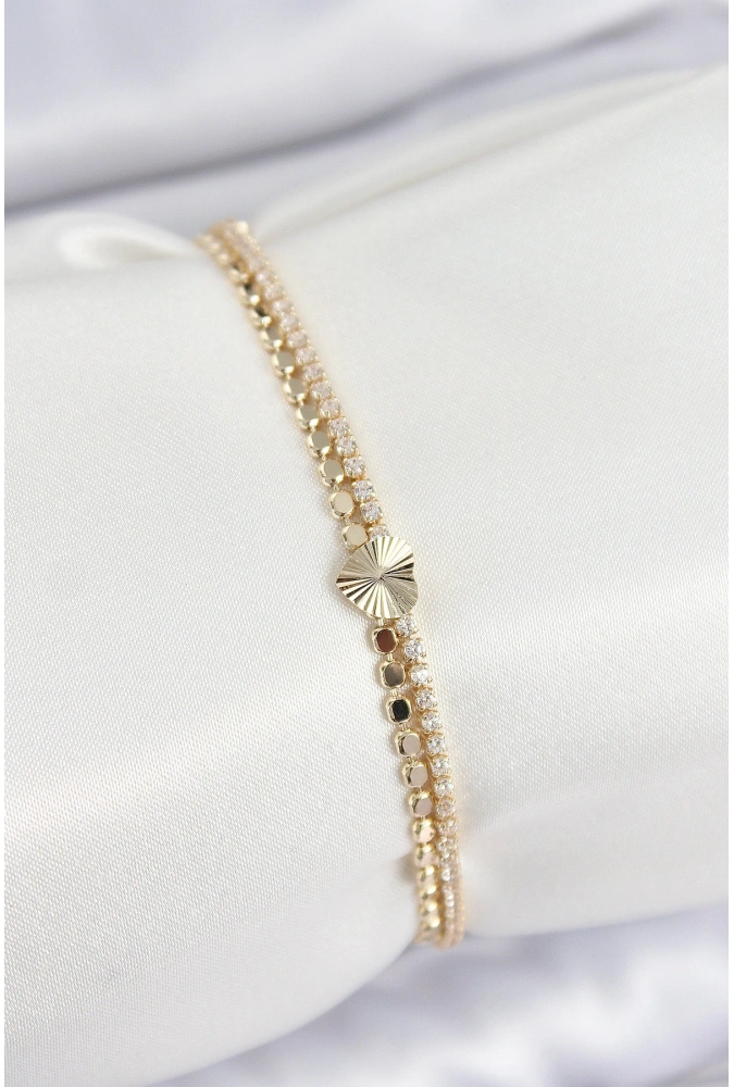 Shoecide Pirinç Zirkon Taşlı Ezme Zincirli Kalp Model Gold Renk Kadın Bilekilk