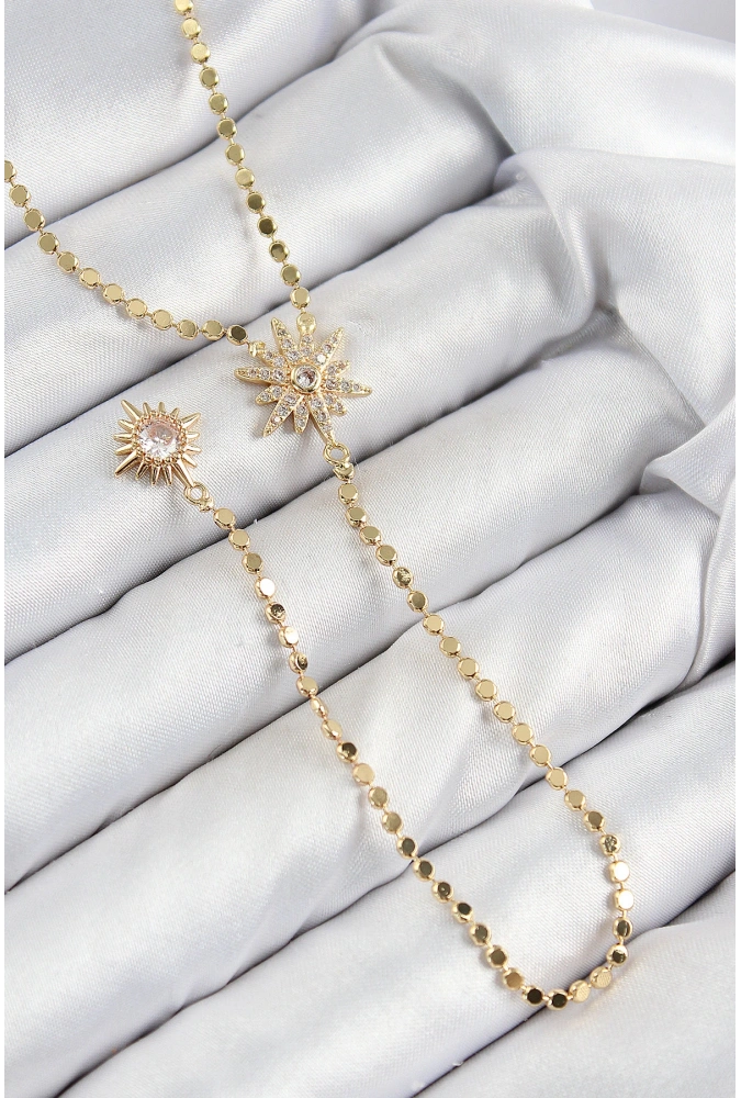 Shoecide Pirinç Zirkon Taşlı Ezme Zincirli Kutup Yıldızı Model Gold Renk Y Kolye