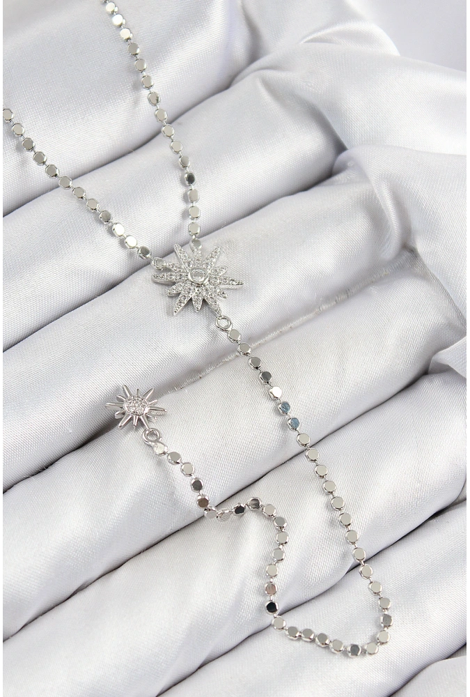 Shoecide Pirinç Zirkon Taşlı Ezme Zincirli Kutup Yıldızı Model Gümüş Renk Y Kolye