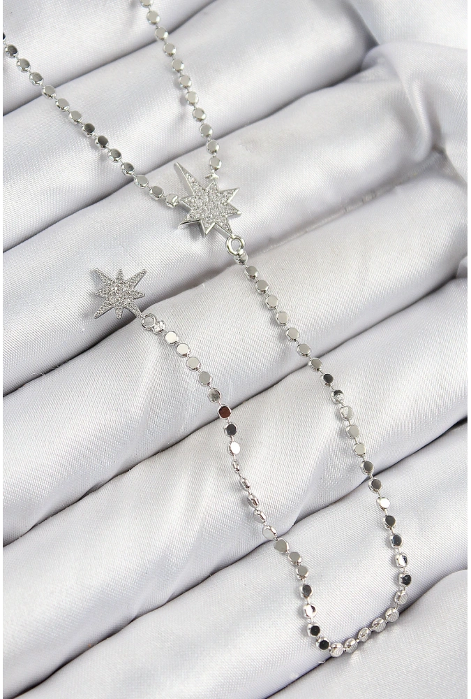 Shoecide Pirinç Zirkon Taşlı Ezme Zincirli Kutup Yıldızı Model Gümüş Renk Y Kolye