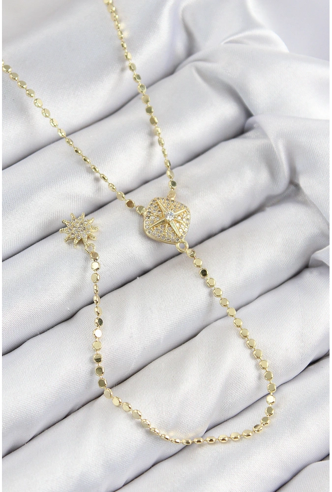 Shoecide Pirinç Zirkon Taşlı Ezme Zincirli Madalyon Model Gold Renk Y Kolye