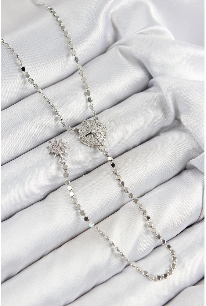 Shoecide Pirinç Zirkon Taşlı Ezme Zincirli Madalyon Model Gümüş Renk Y Kolye