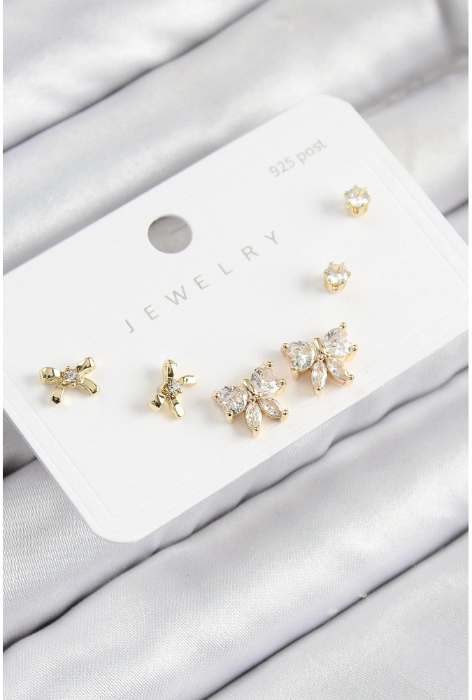 Shoecide Pirinç Zirkon Taşlı Fiyonk Model Gold Renk 925 Ayar Gümüş Çivi Kadın Küpe Set