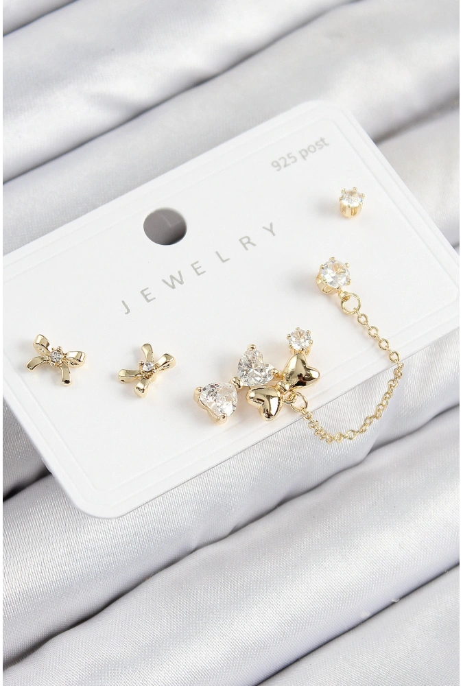 Shoecide Pirinç Zirkon Taşlı Fiyonk Model Gold Renk 925 Ayar Gümüş Çivi Kadın Küpe Set