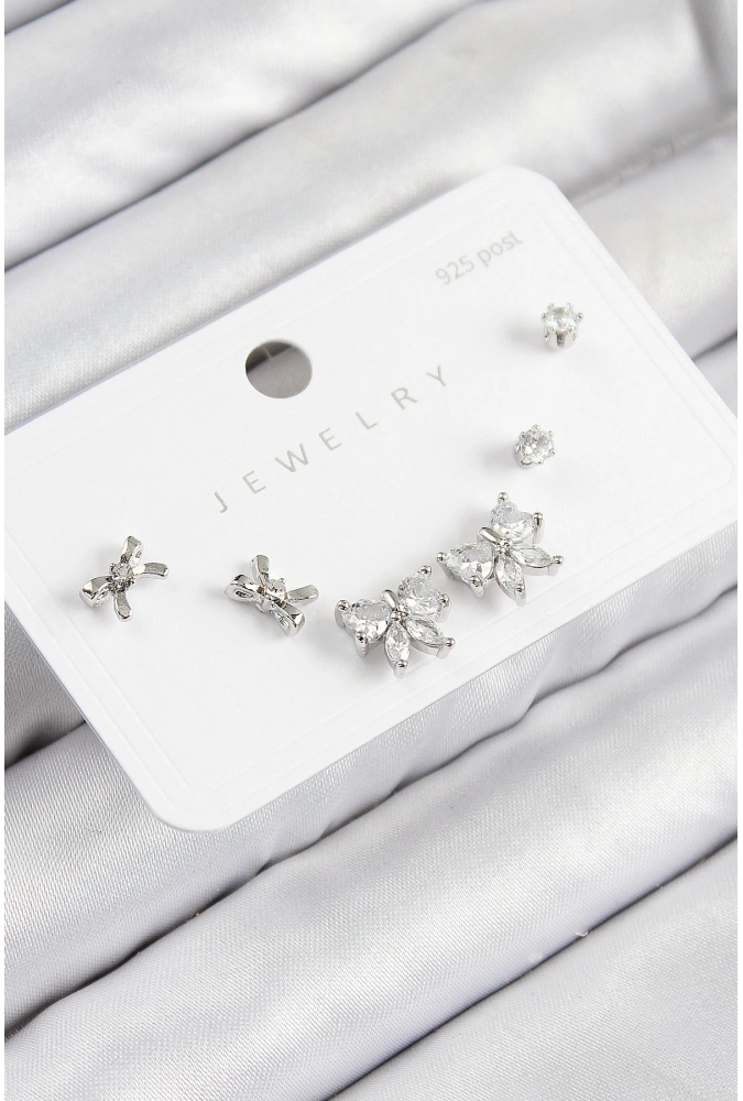 Shoecide Pirinç Zirkon Taşlı Fiyonk Model Gümüş Renk 925 Ayar Gümüş Çivi Kadın Küpe Set