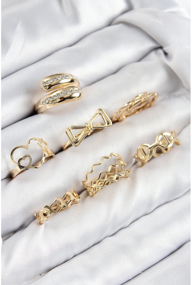 Shoecide Pirinç Zirkon Taşlı Fiyonk Ve Kalp Model Gold Renk Kadın Yüzük Kombin Set