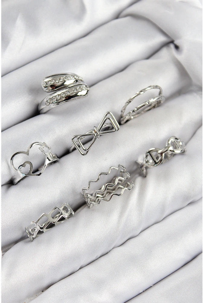 Shoecide Pirinç Zirkon Taşlı Fiyonk Ve Kalp Model Gümüş Renk Kadın Yüzük Kombin Set