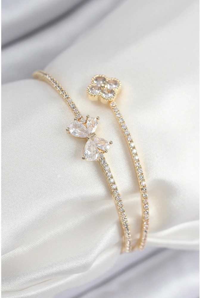 Shoecide Pirinç Zirkon Taşlı Fiyonk Ve Yonca Model Gold Renk Kadın Bileklik