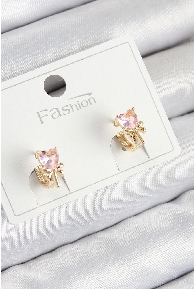 Shoecide Pirinç Zirkon Taşlı Fiyonklu Kalp Model Gold Renk Çocuk Küpe