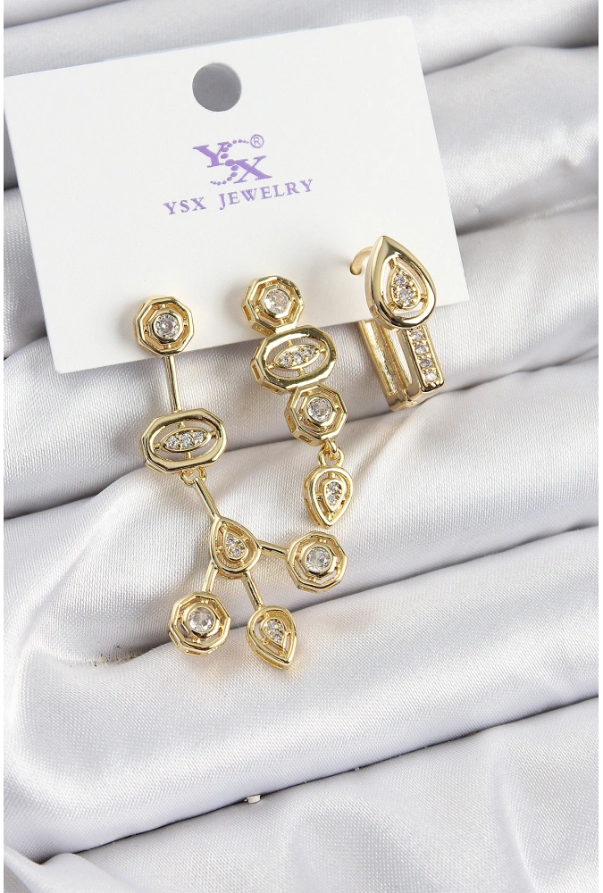 Shoecide Pirinç Zirkon Taşlı Geometrik Model Gold Renk 3lü Kadın Küpe