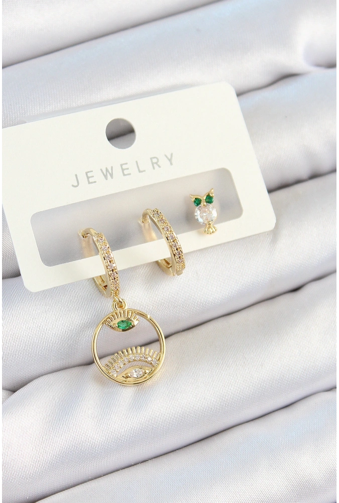 Shoecide Pirinç Zirkon Taşlı Göz Ve Baykuş Model Gold Renk 3lü Çift Kadın Küpe Set