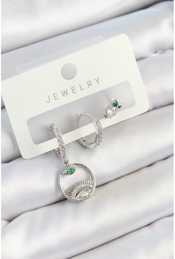 Shoecide Pirinç Zirkon Taşlı Göz Ve Baykuş Model Gümüş Renk 3lü Çift Kadın Küpe Set