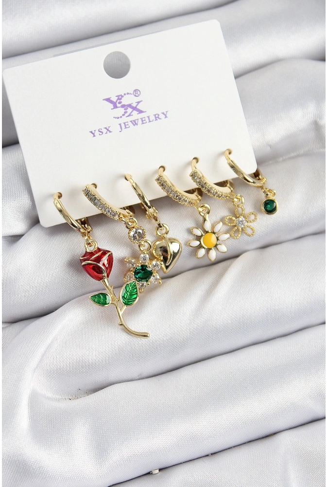 Shoecide Pirinç Zirkon Taşlı Gül Ve Papatya Model Gold Renk 3lü Çift Kadın Küpe