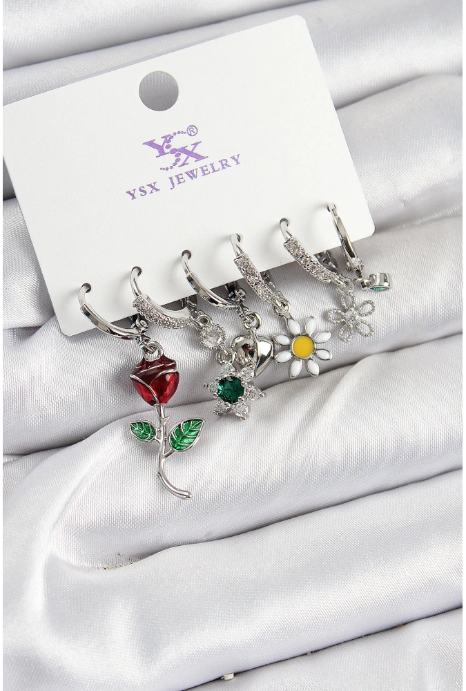 Shoecide Pirinç Zirkon Taşlı Gül Ve Papatya Model Gümüş Renk 3lü Çift Kadın Küpe