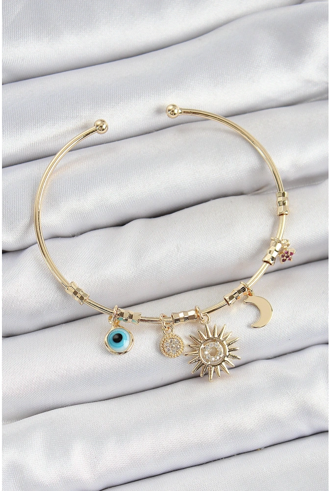 Shoecide Pirinç Zirkon Taşlı Güneş Ay Nazar Model Gold Renk Charm Bileklik