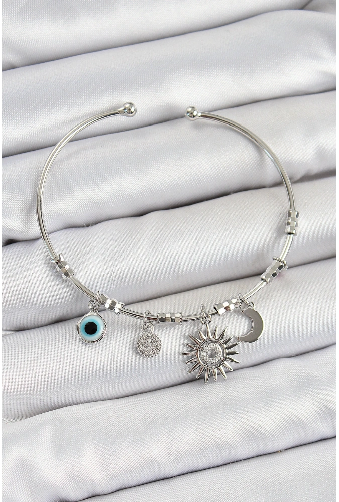 Shoecide Pirinç Zirkon Taşlı Güneş Ay Ve Nazar Model Gümüş Renk Charm Bileklik