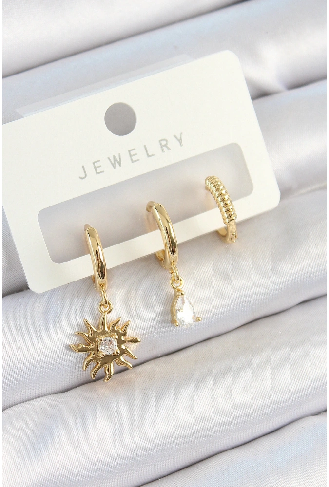 Shoecide Pirinç Zirkon Taşlı Güneş Model Gold Renk 3lü Çift Kadın Küpe Set