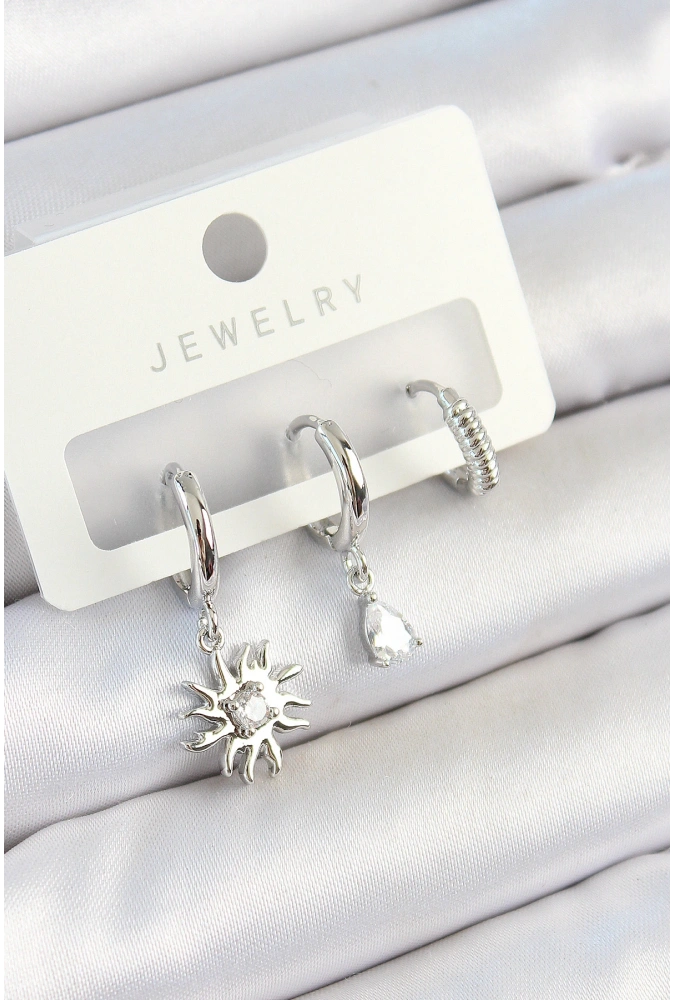 Shoecide Pirinç Zirkon Taşlı Güneş Model Gümüş Renk 3lü Çift Kadın Küpe Set