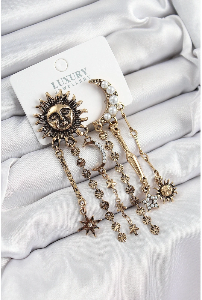 Shoecide Pirinç Zirkon Taşlı Güneş Ve Ay Figürlü Eskitme Model Sallantılı Küpe