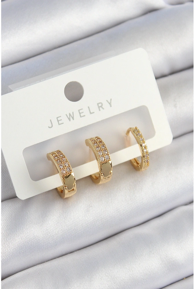 Shoecide Pirinç Zirkon Taşlı Halka Model Gold Renk 3lü Çift Kadın Küpe Set