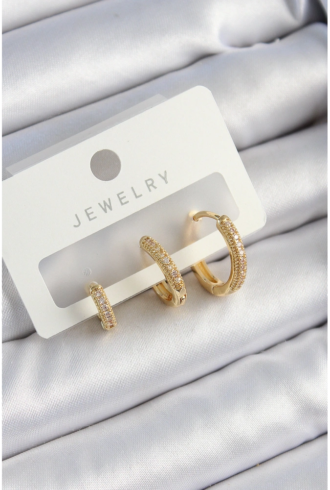 Shoecide Pirinç Zirkon Taşlı Halka Model Gold Renk 3lü Çift Kadın Küpe Set