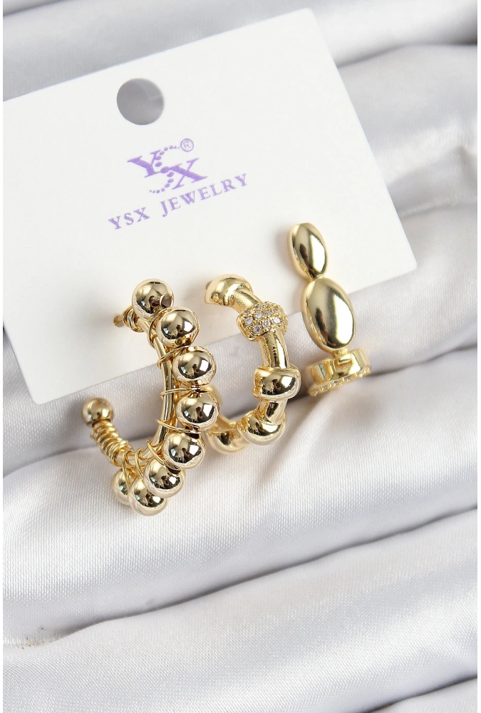 Shoecide Pirinç Zirkon Taşlı Halka Model Gold Renk 3lü Kadın Küpe