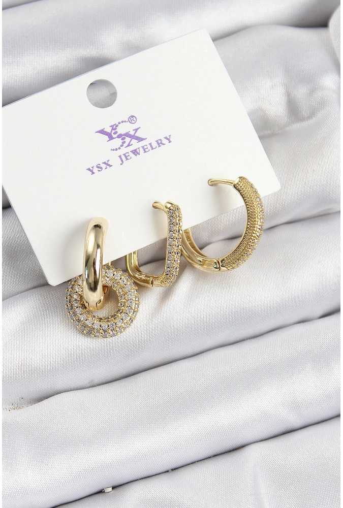 Shoecide Pirinç Zirkon Taşlı Halka Model Gold Renk 3lü Kadın Küpe