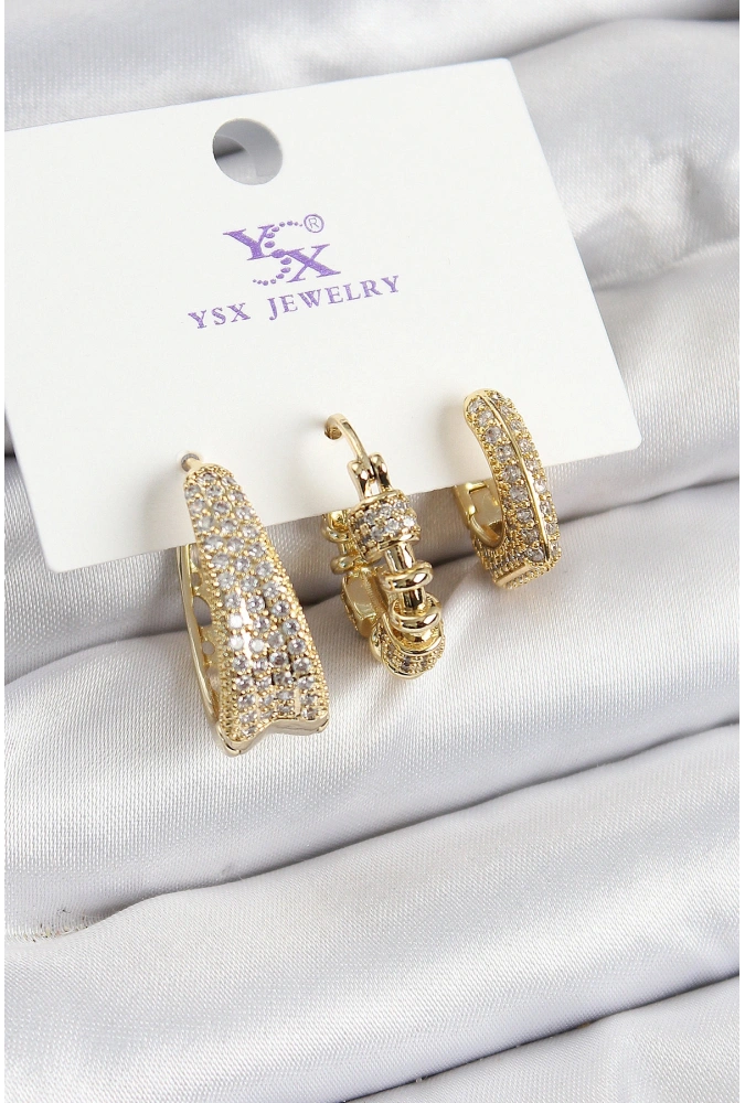 Shoecide Pirinç Zirkon Taşlı Halka Model Gold Renk 3lü Kadın Küpe