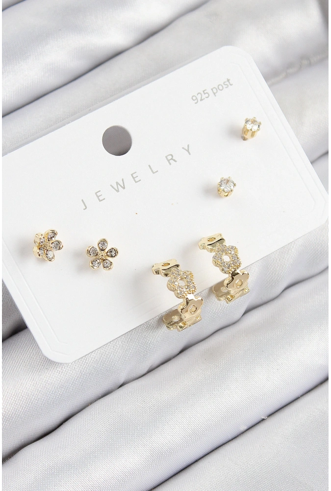 Shoecide Pirinç Zirkon Taşlı Halka Model Gold Renk 925 Ayar Gümüş Çivi Kadın Küpe Set