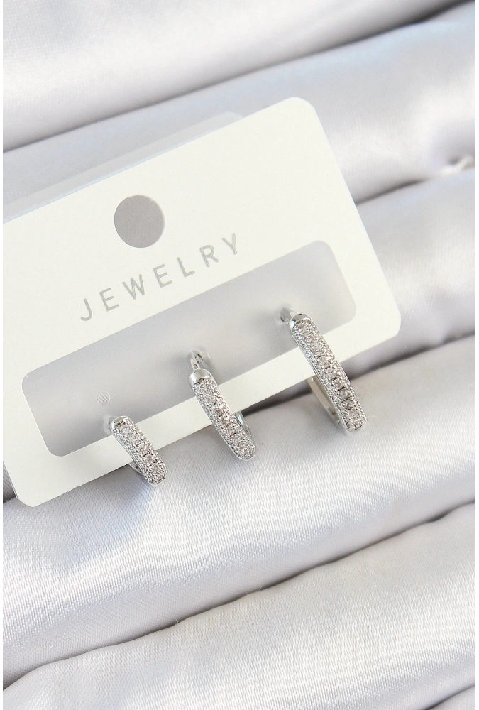 Shoecide Pirinç Zirkon Taşlı Halka Model Gümüş Renk 3lü Çift Kadın Küpe Set