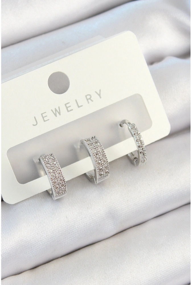 Shoecide Pirinç Zirkon Taşlı Halka Model Gümüş Renk 3lü Çift Kadın Küpe Set