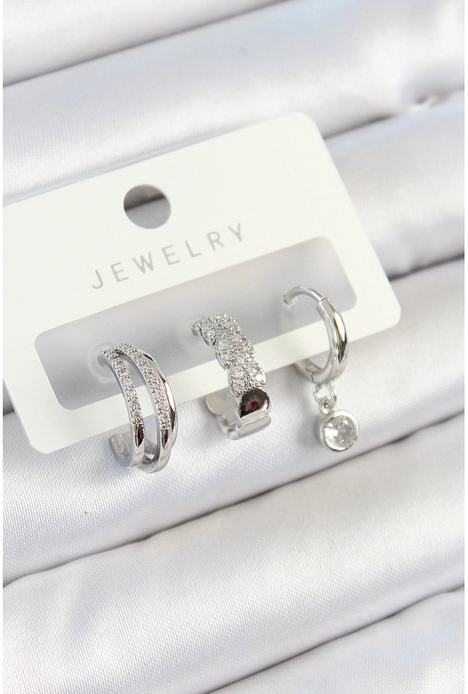 Shoecide Pirinç Zirkon Taşlı Halka Model Gümüş Renk 3lü Çift Kadın Küpe Set