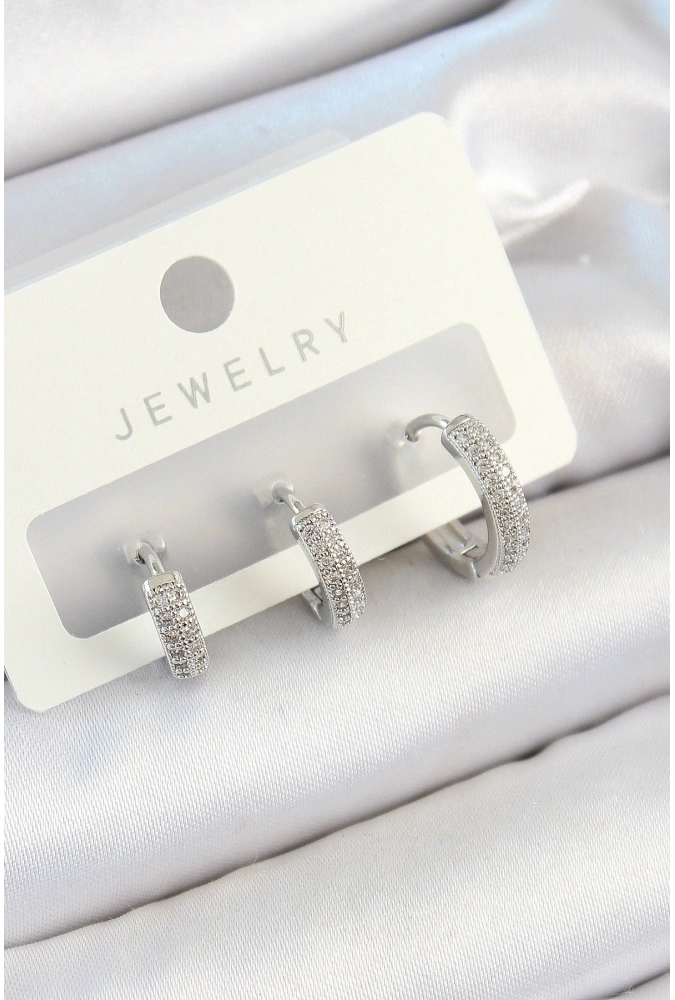 Shoecide Pirinç Zirkon Taşlı Halka Model Gümüş Renk 3lü Çift Kadın Küpe Set