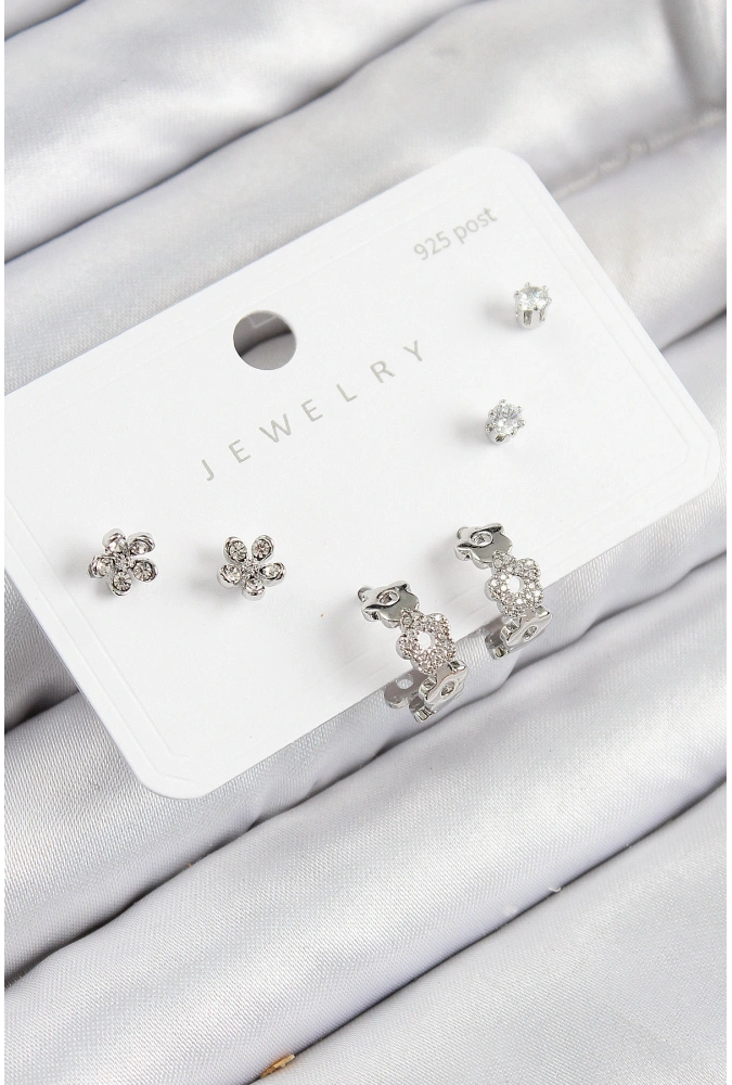 Shoecide Pirinç Zirkon Taşlı Halka Model Gümüş Renk 925 Ayar Gümüş Çivi Kadın Küpe Set