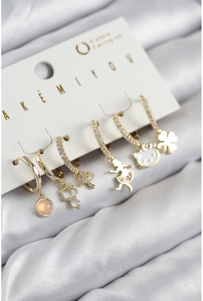 Shoecide Pirinç Zirkon Taşlı Hello Kity Ve Yonca Model Gold Renk 6lı Küpe Set